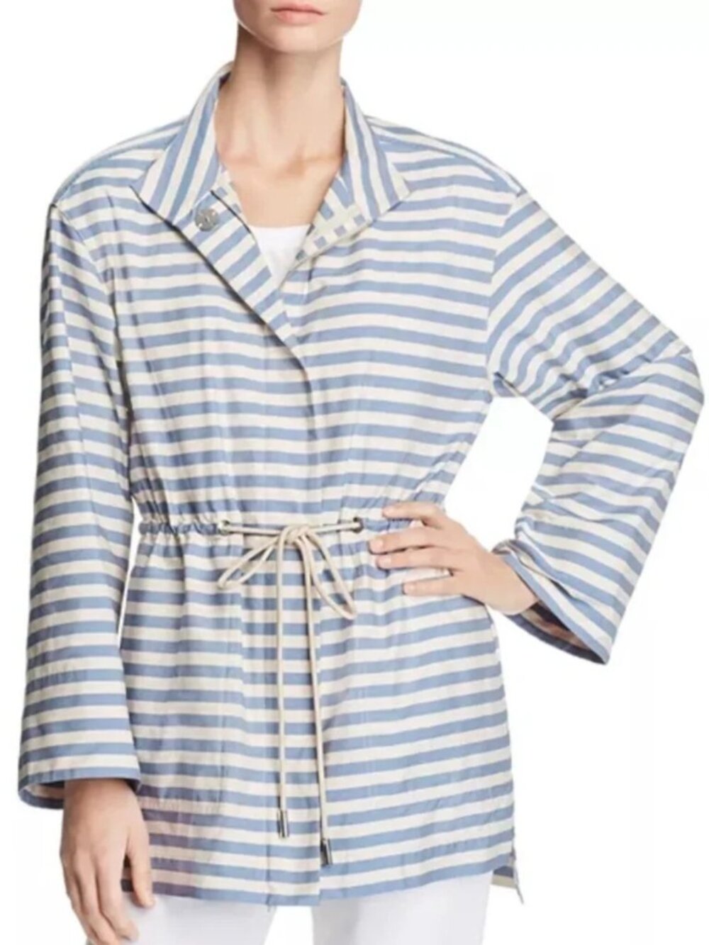 Lafayette 148 New York Jayna in Blue Khaki Striped Drawstring Jacket L